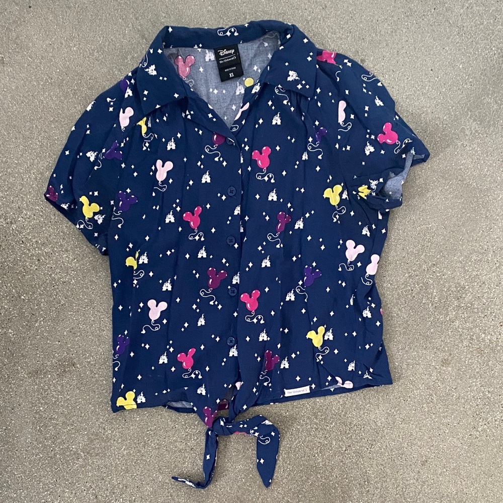 Disney Navy Button-Up Shirt with Mickey Mouse Print